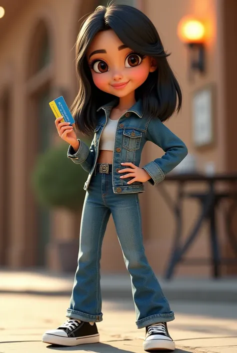 3D character from Disney animation, Pixar style, full body, smiling, brown eyes with beautiful eyelashes, the glamorous one, shoulder-length straight black hair, denim clothes, jacket, black tennis shoes, clean bottom. cinematic lighting, ray tracing, high...