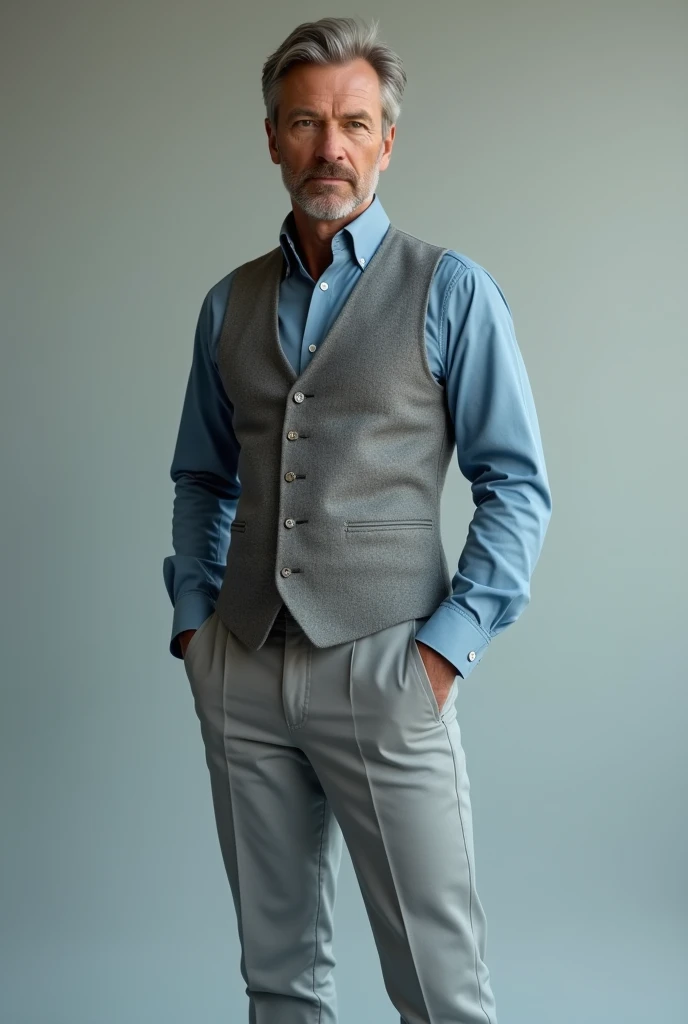 Dusty blue shirt with light grey trousers and vest
t 