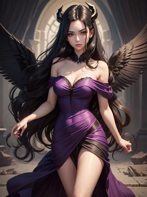 a very beautiful, attractive, slender woman, long wavy black hair, dark greenish brown eyes, wearing a short dark purple dress with a wide strapless neckline, black angel wings with pointed details, short horns,