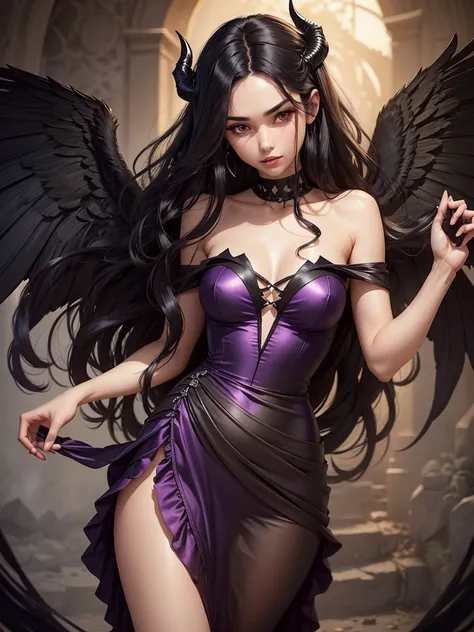 a very beautiful, attractive, slender woman, long wavy black hair, dark greenish brown eyes, wearing a short dark purple dress with a wide strapless neckline, black angel wings with pointed details, short horns,