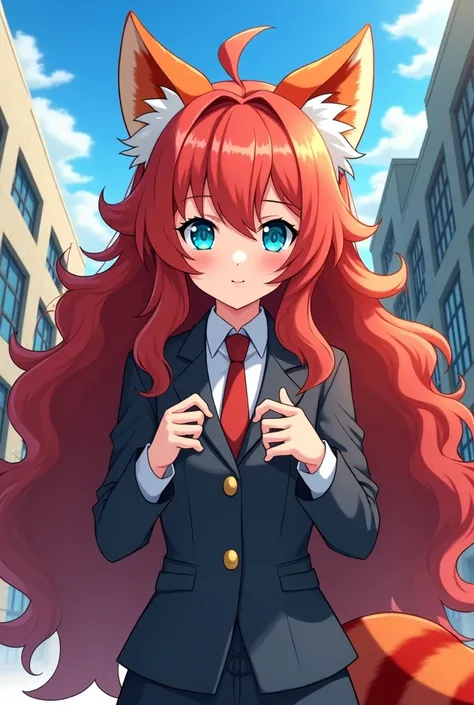 Female anime character with very long, very curly red hair, ears and tail of a red panda, with blue eyes like dabi&#39;s, with a heroic work and the UA in the background