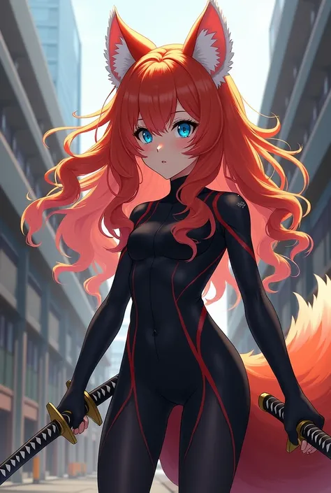 Female anime character with very long, very curly red hair, ears and tail of a red panda, with blue eyes like dabi&#39;s, with a black herue suit with katanas and the UA in the background