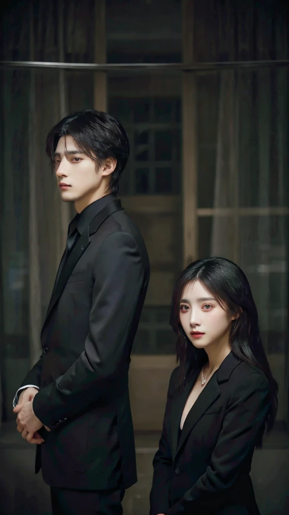 Beautiful woman wearing a black dress. Handsome man wearing a black suit mafia vibes. Dark romance couple vibes.
