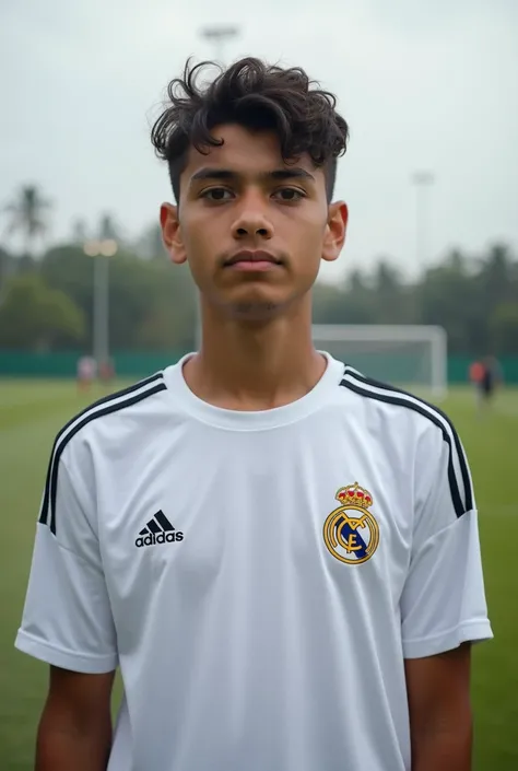 Create a photo of a 17-year-old Brazilian teenager, with a real madrid football club t-shirt, in the background a landscape 