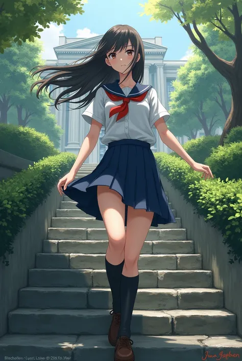 Female schoolgirl walking up the stairs as wind blows and lifts her skirt