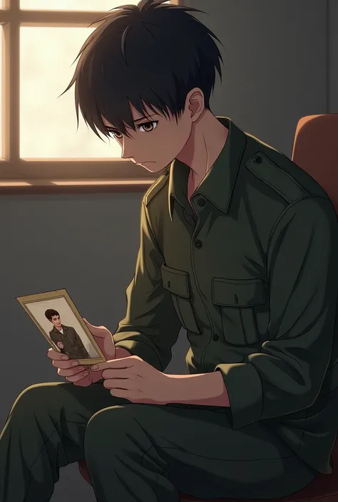 A short-haired young soldier sits looking at a photo of himself and his girlfriend in the room. His girlfriend is so cute. The young man makes a sad face when looking at the photo of his girlfriend.