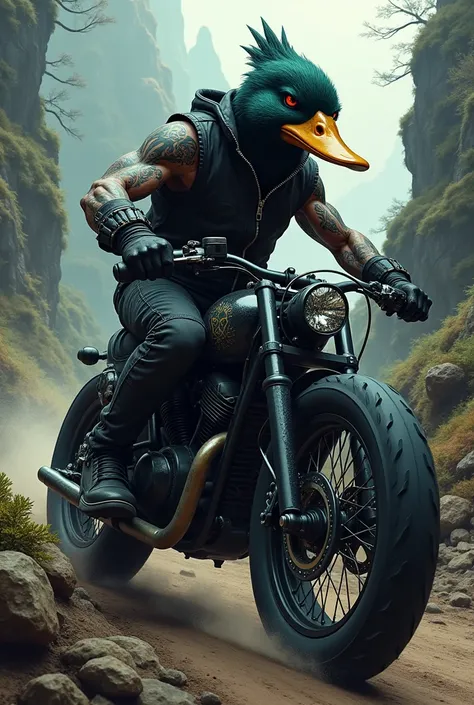 dark black biker with duck head, trail bike 
