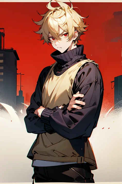 blonde hair, short hair, red eyes, serious face, short hair, messy hair, street background, casual outfit, mature male, lean build
