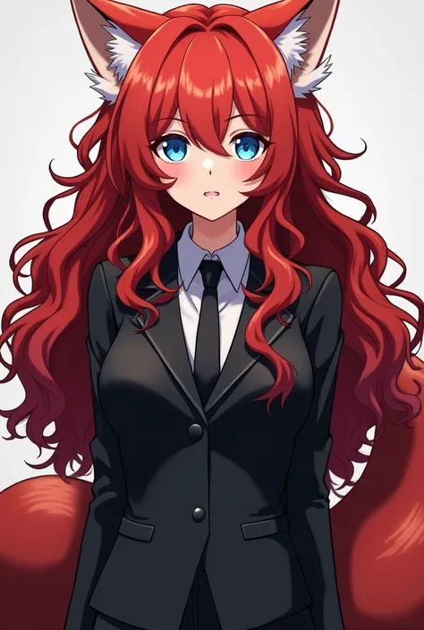 Female anime character with very curly long blood red hair, ears and tail of a red panda, with blue eyes like dabi&#39;s, with a black herue suit and looking 18 years old