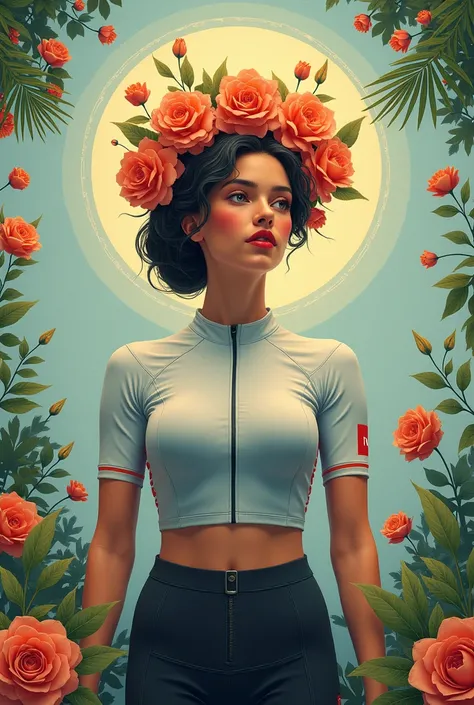 Image for the cover of Vogue fashion magazine that has to do with feminism themes,flores, religion, Cycling and video games in proportion 16:9, in realism(minimalist and realistic)