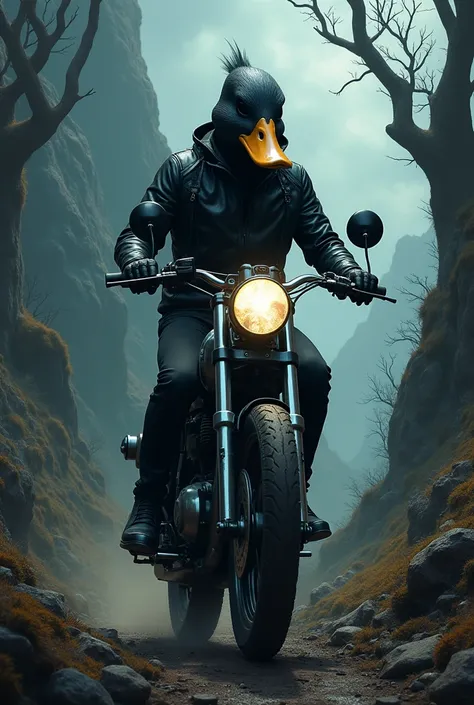 dark black biker with duck head, trail bike 
