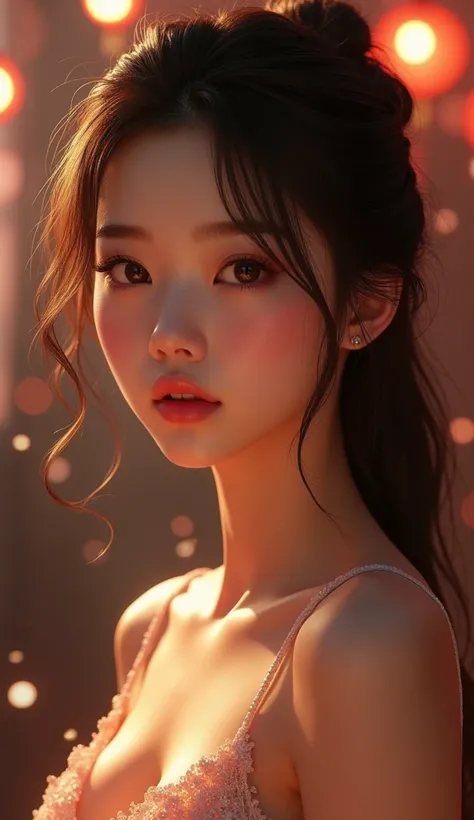 A beautiful detailed Korean girl, delicate freckles, long eyelashes, soft glowing skin, figure, elegant pose, detailed facial features, (best quality,4k,8k,highres,masterpiece:1.2),ultra-detailed,(realistic,photorealistic,photo-realistic:1.37),intricate de...