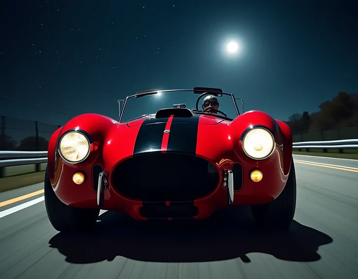 A cinematic wide-angle shot captures a gleaming 1966 fire red with black race strip down the center of the Shelby Cobra 427 Super Snake headlight beams piercing the darkness as it speeds down the road at night, stars and moon bold in the dark of night, eve...