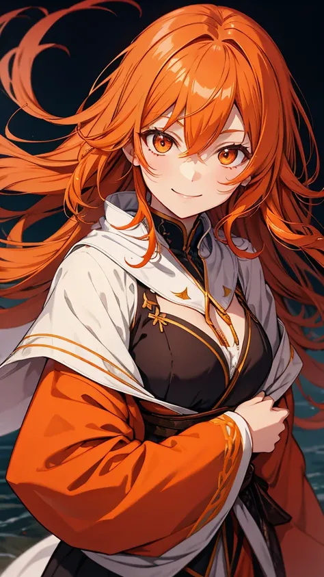 [[[ ultra-detailed, best quality, soft skin, beautiful face, masterpiece, close-up, western medieval setting, anime]]] orange hair, orange eyes, ghost, eastern clothes, smiling, specter