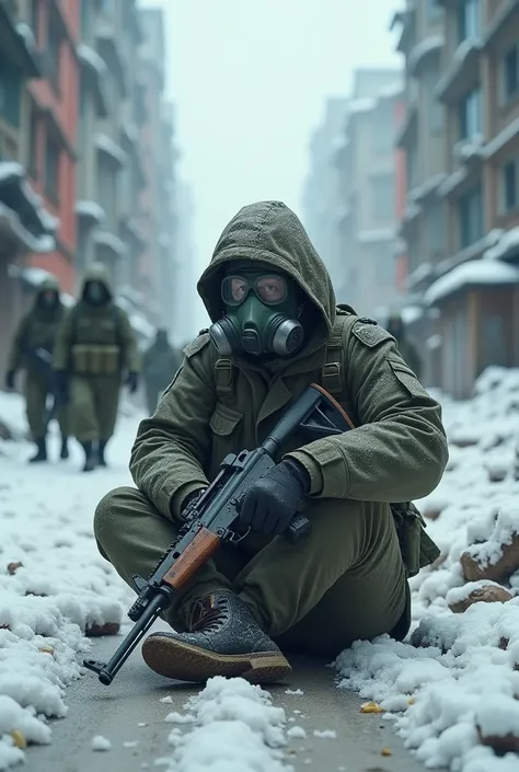 A Chinese soldier in a gas mask sits on the road with an AK-74 against the background of similar soldiers and broken skyscrapers(it&#39;s snowing)