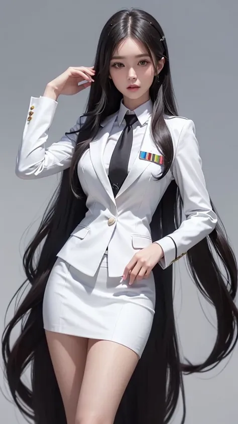 business woman, beautiful woman, Decorated with military insignia, Wear a suit and tie., Short skirt, businessuitwhite, กระโปรงดินสอสั้นwhite, businessuitรัดรูป, All white outfit, Emphasize the curves of the body, (สาวสวยTwo meter long hair, my hair is ver...