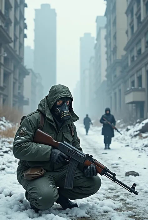 A Chinese soldier in a gas mask sits on the road with an AK-74 against the background of similar soldiers and broken skyscrapers(it&#39;s snowing)