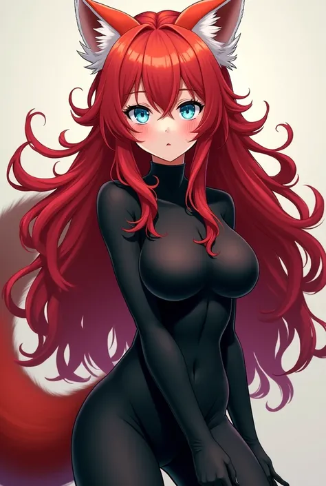 Female anime character with long blood red hair and curly head, ears and tail of a red panda, with blue eyes like dabi&#39;s, with a black herue suit tight to the body and that looks like he is 18 years old