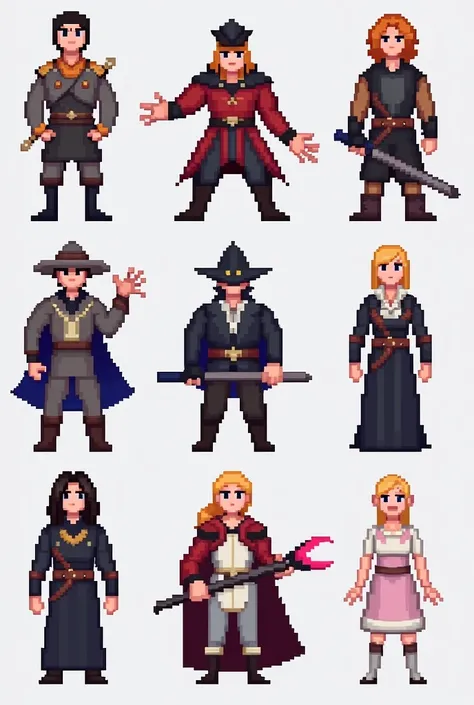 Eight pixelated magic game characters containing 4 male and 4 female characters. The characters are from a 2D game.