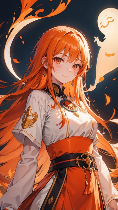 [[[ ultra-detailed, best quality, soft skin, beautiful face, masterpiece, close-up, western medieval setting, anime]]] orange hair, orange eyes, ghost, eastern clothes, smiling, ethereal, smirking, blushing