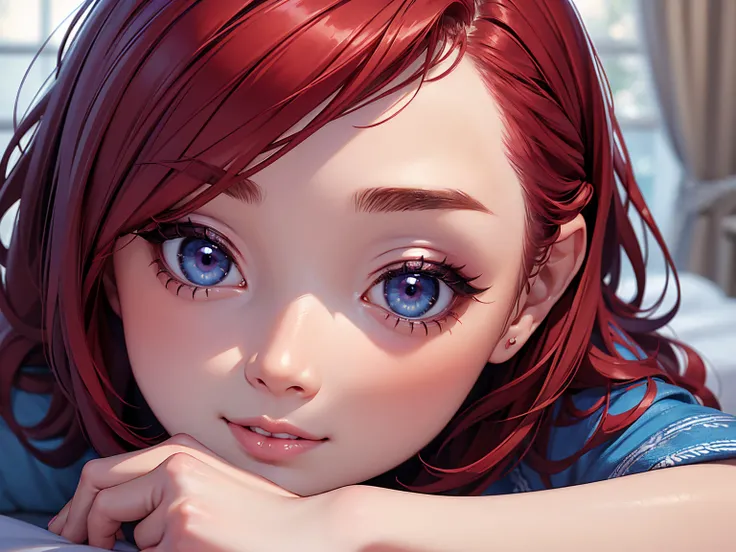 highy detailed, high resolution, Perfect strokes and colors, perfect lighting, face detailed, detailed hair, detailedeyes, detailed nose, detailed lips. A pretty, wearing pajamas, lying on her bed, with short red hair, blue eyes and a smile.