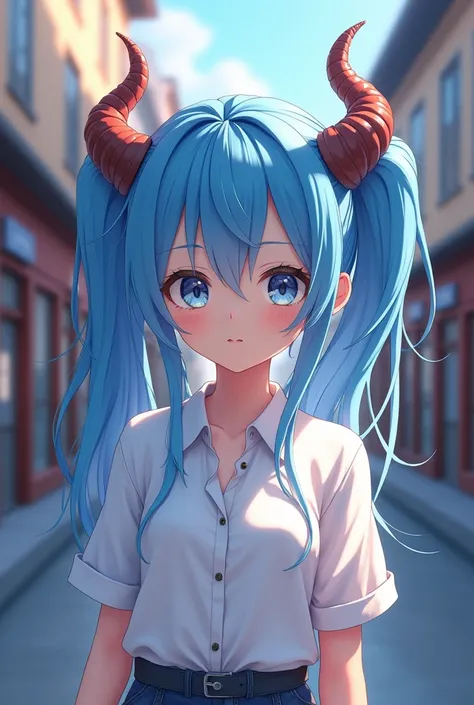 Anime girl with blue hair and horns on a street, 3D realistic anime, 2. 5 d cgi anime fantasy artwork, anime style 3d, anime style. 8k, 4k anime style, 3d style realistic anime, deviantart artstation cgscosiety, digital anime art, guweiz style art art, det...