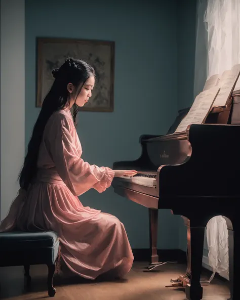 nezuko playing piano,masterpiece, best quality, very detailed, clear focus, dynamic lighting, bright colors, texture details, pa...