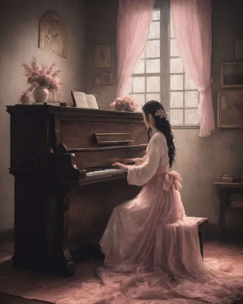 nezuko playing piano,masterpiece, best quality, very detailed, clear focus, dynamic lighting, bright colors, texture details, pa...