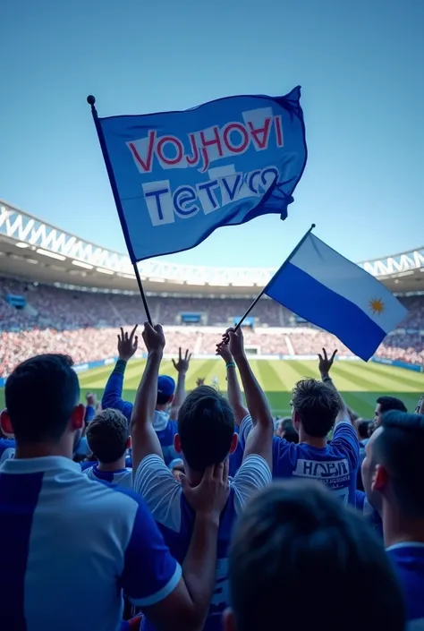 Make me a picture with fans in a blue and white combination cheering at a stadium and they are waving a flag with the inscription Vojvodi Tetovo and another flag from the Republic of North Macedonia