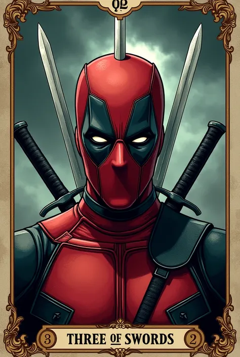 Deadpool head as the three of swords tarot card