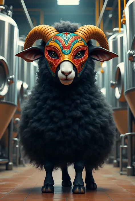 An illustration of a human-shaped black sheep wearing a Mexican wrestler mask brewing craft beer with stainless steel fermenters in the background 