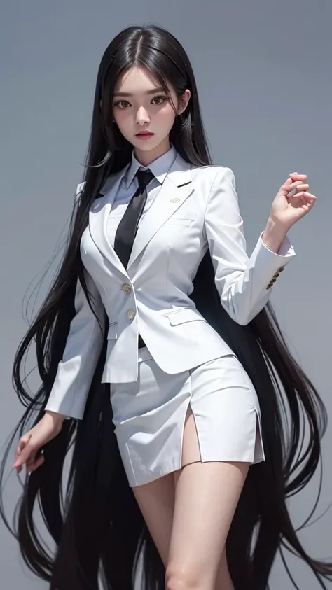 Businesswoman, womanสวย, Decorated with military insignia., Wear a suit and tie., short skirt, businessuitwhite, กระโปรงดินสอสั้นwhite, (short skirt:1.4), businessuitรัดรูป, All white outfit, Emphasize the curves of the body, (สาวสวยMy hair is two meters l...