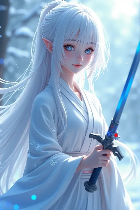 A Demon Slayer character with long white hair with blue gradient and blue eyes and wears a white kimono with snowflakes with a blue tipped sword with a young face