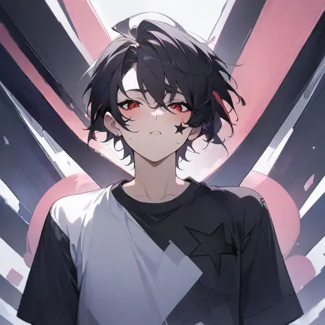 (4K Art) (best qualityer) (super resolution) a boy, Half Pink Half Black Hair, Red Eyes with Stars, Star Tattoo on Cheek, color black, White T-shirt with a black star printed on it, black sleeves.