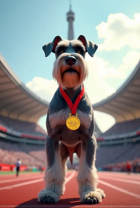 Make an image of a schnauzer dog winning a medal at the Paris Olympic Games in France