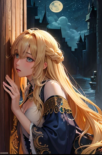 (masterpiece, Highest quality, Highest quality, Official Art, beautifully、aesthetic:1.2), (1 girl), Very detailed,(Fractal Art:1.3),colorful,Most detailed,Blonde long hair,blue eyes,Moonlit Night,Rose,Big Breasts