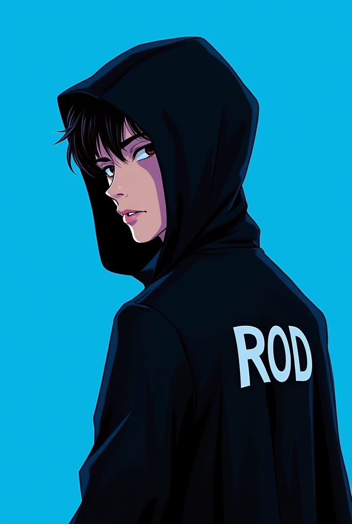 naughty man,smooth face like anime,black cowl,ROD written on the hood behind the back,blue background.