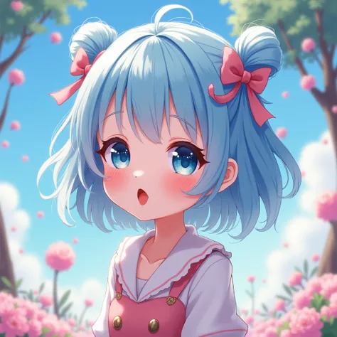 (best quality,ultra-detailed,realistic:1.37),cute anime girl,light blue hair,detailed eyes,detailed lips,smiling,wearing a cute outfit,cheerful expression,vibrant colors,soft lighting,anime style,fantasy background,playful pose,beautifully illustrated, vtu...