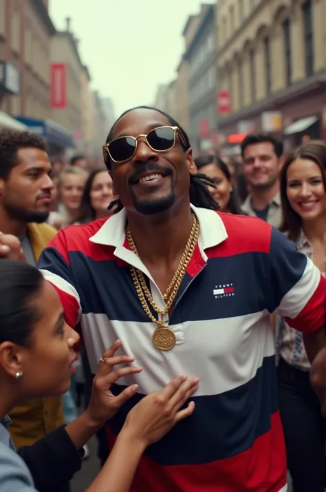 Create a video of Snoop Dogg wearing a Tommy Hilfiger rugby shirt and hugging fans