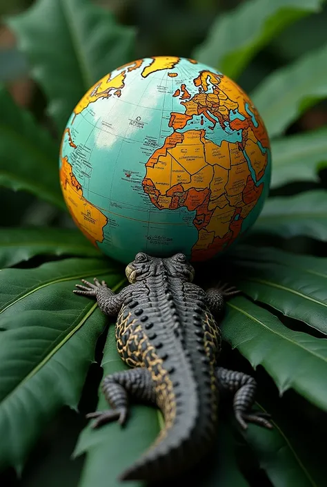 a circle resting on top of a green tree leaf, Take the map and inside it put the meeting point of the waters of the Solimoes River with the Negro River. behind the globe the flag of the Amazon. and to close the top of the flag, the back of a caiman, formin...