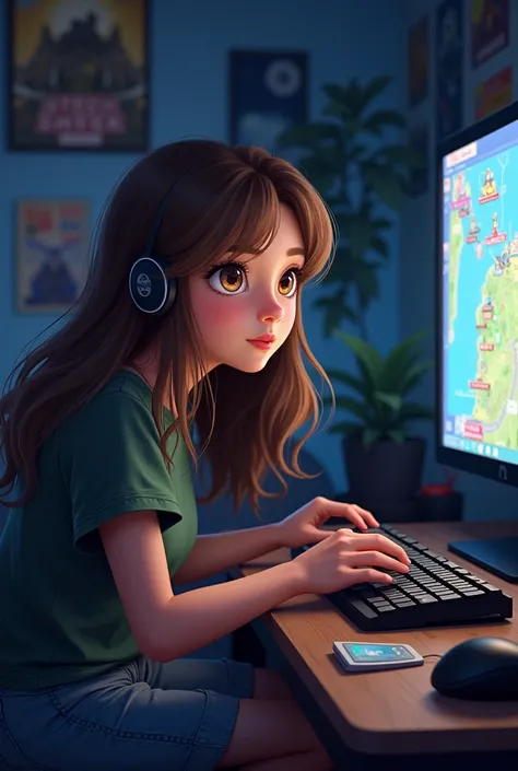 a teenager, Brown hair, brown eyes playing video games 