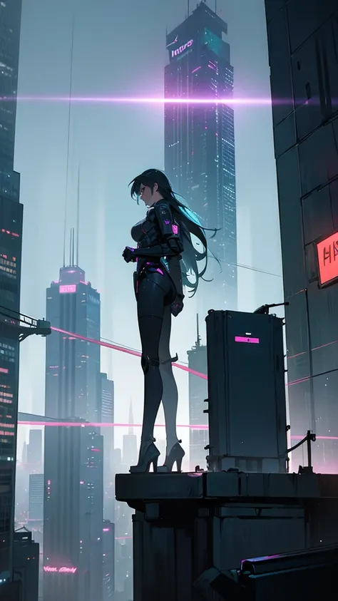 Post apocalyptic city with a man and woman standing together on a rooftop on a high skyscraper building. The city has neon light signs like holographs. Flying futuristic cars are flying in the background. The time of day is night time and raining. The man ...