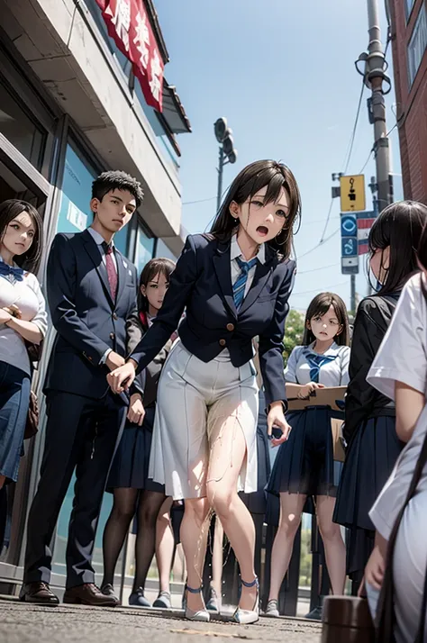 female teacher urinates during group photo shoot、urinary incontinence、peeing herself、a lot of pee、from below、white suit、white sk...