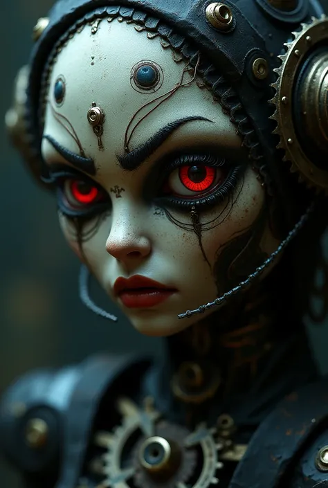 evil puppet, angry eyes, dark science lab, steampunk, Dark atmosphere, 1girl, Very detailed face, detailed facial features, extremely detailed eyes, exquisite lips, Detailed hands and fingers, complex mechanical body, Gears and cogs, dark lighting, moody l...