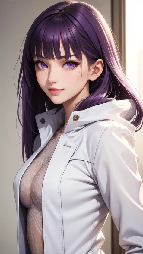 (masterpiece, best quality), intricate details, thin, ((slim)), beautiful girl, purple hair, blunt bangs, light purple eyes, sharp jawline, white coat, long hair, lips, upper body, close up, smirk