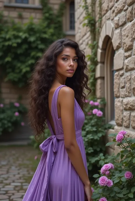 A beautiful woman with light brown skin, long curly brown hair and brown eyes waering a purple dress standing next to a stone castle that has ivy and roses frowing on it