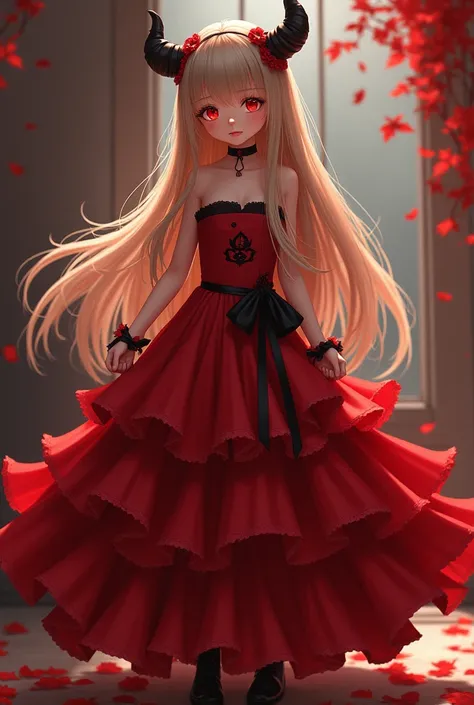 Beautiful and charming lolita character，Her appearance was very eye-catching。Have smooth long hair，And a pair of bright big eyes，Her face is delicate，Gives a gentle and elegant feeling。also，Fire red dress，Devil Girl，Hellfire，Dark Style，Small leather shoes，...