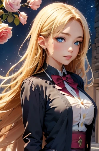 masterpiece, Highest quality, Highest quality, Official Art, beautifully、aesthetic:1.2), (1 girl), Very detailed,(Fractal Art:1.3),colorful,Most detailed,Blonde long hair,blue eyes,Moonlit Night,Rose,Big Tits