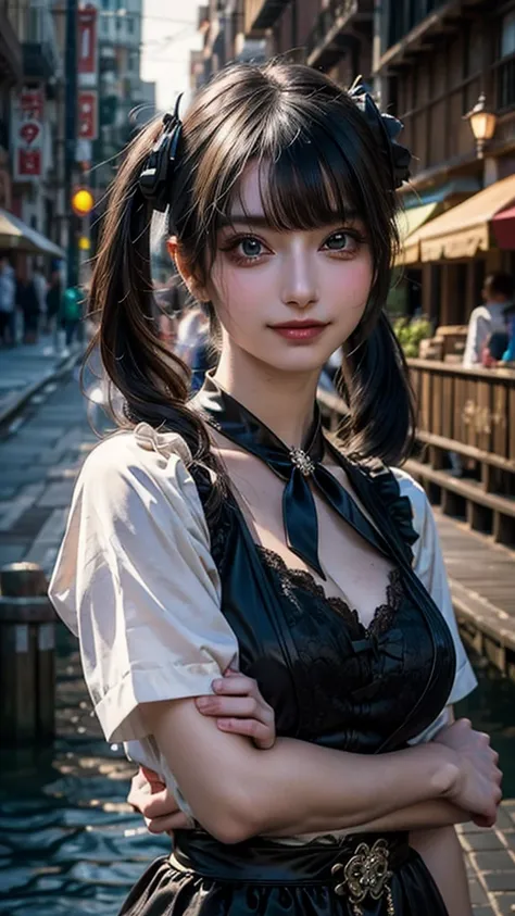 one girl, alone, hair ornaments, green hair, twin tails, long hair, dress, water,, mid shot portrait photography (farzan) from g...