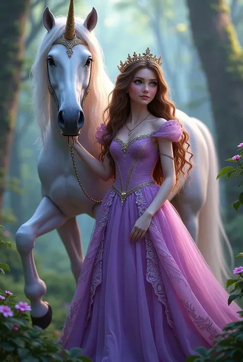 An adult princess with long btown hair and green eyes, waering a purple and pink dress standing next to a unicorn in an enchanted forest.